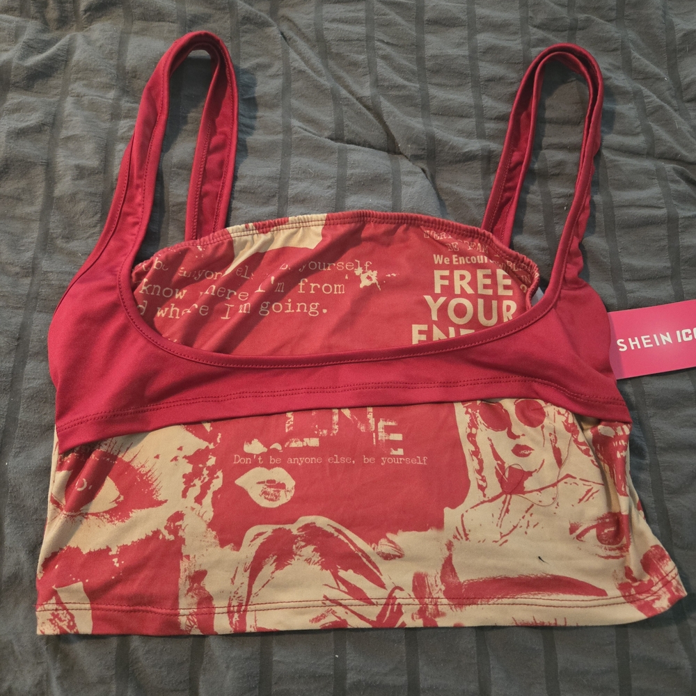 SHEIN Red and Beige Graphic Tank Top